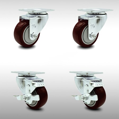 Service Caster 3 Inch SS Maroon Polyurethane Swivel Top Plate Caster Set with 2 Brakes SCC SCC-SS20S314-PPUB-MRN-2-TLB-2